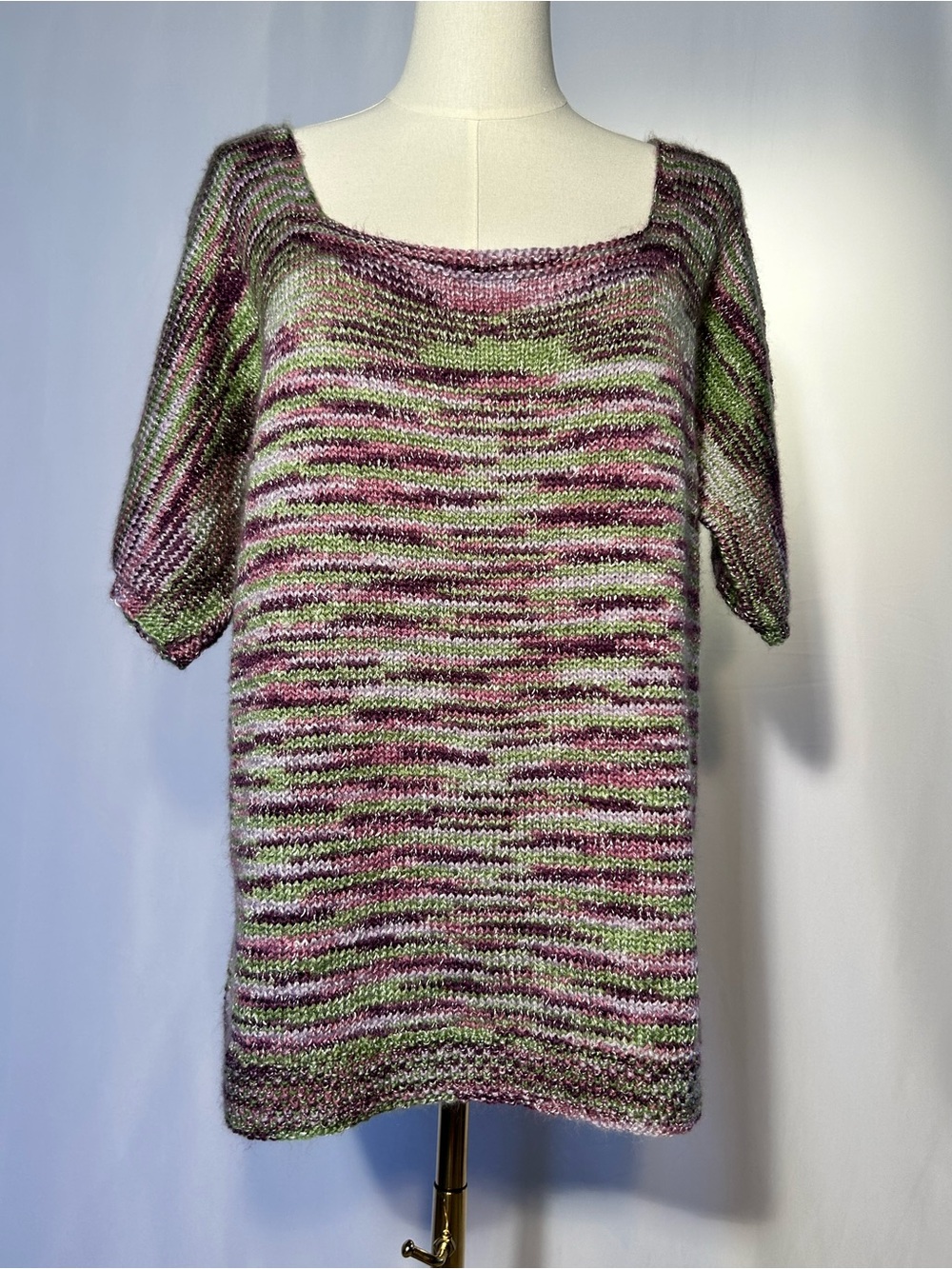 Striped Scoop Neck Short Sleeve Sweater in Pink and Green